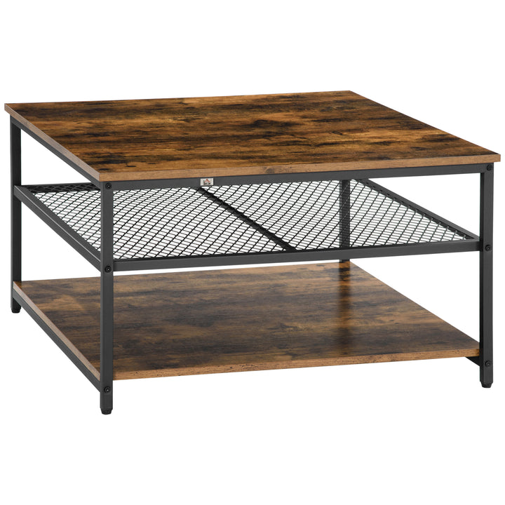 HOMCOM Industrial Coffee Table: Square Cocktail Table with 3-Tier Shelves, Rustic Brown for Living Room | Aosom UK