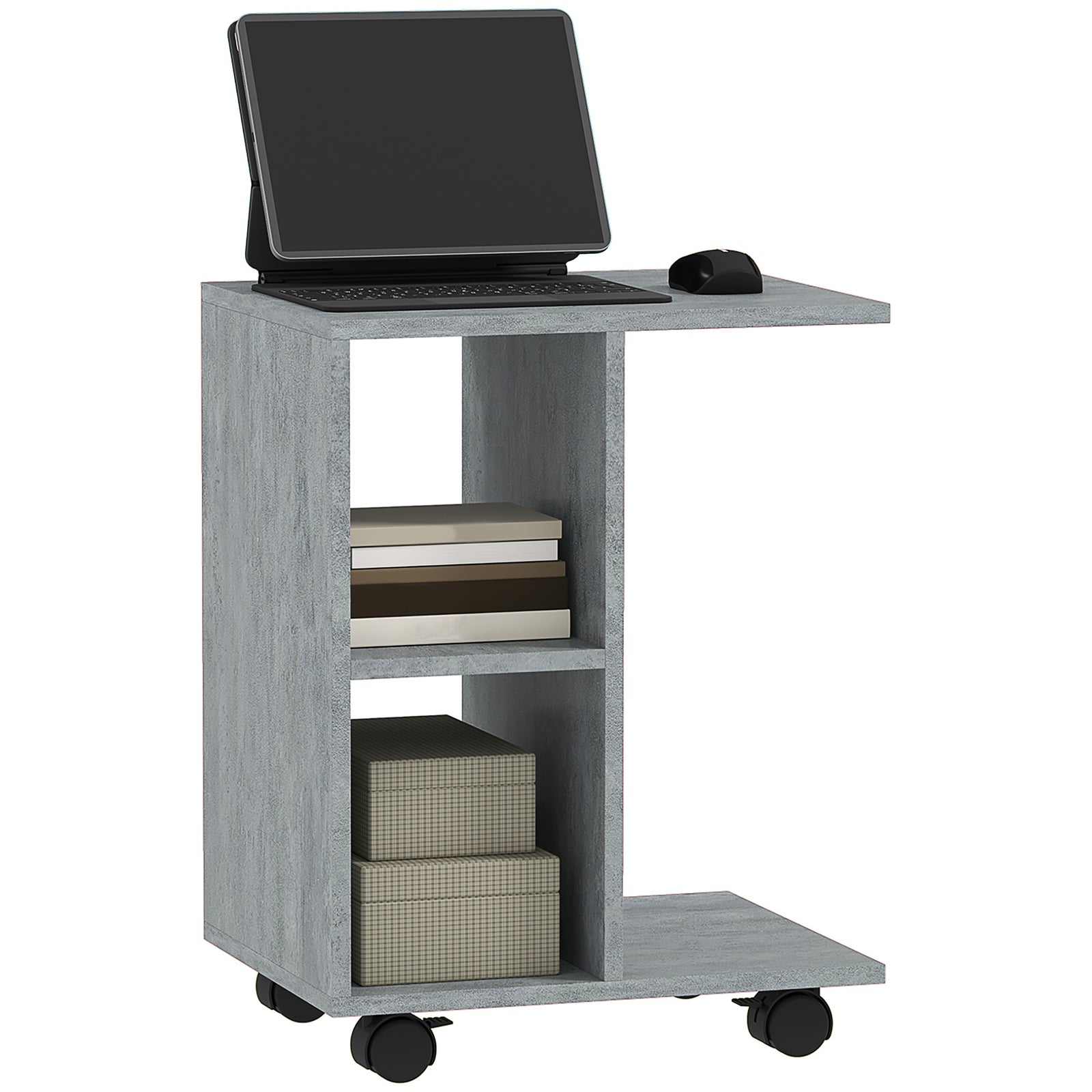 C-Shape End Table Unique Storage Unit w/ 2 Shelves 4 Wheels Freestanding Home Office Furniture Cabinet Square Studio Grey