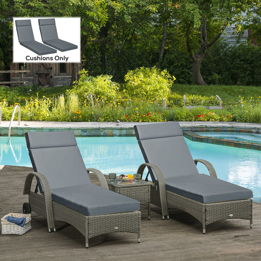 Set of 2 Sun Lounger Cushions, Replacement Cushions for Rattan Furniture with Ties, 196 x 55 cm, Dark Grey