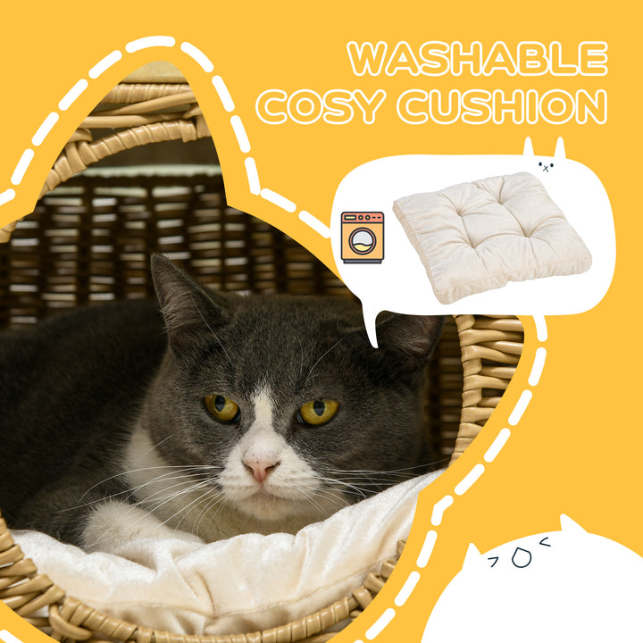 Elevated Design Wicker Cat House with Washable Cushion, Light Brown