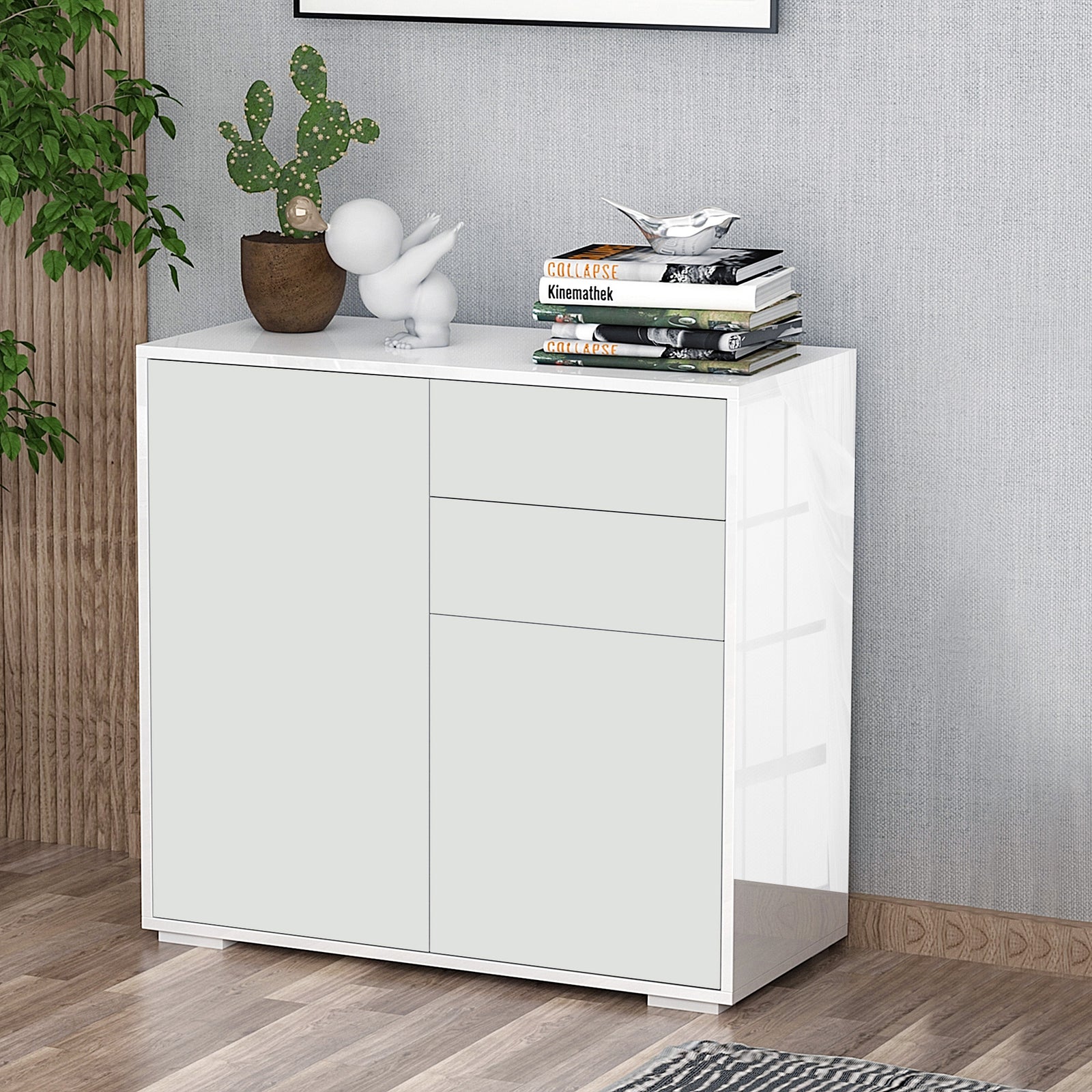 High Gloss Frame Sideboard, Push-Open Design with 2 Drawer for Living Room, Bedroom, 74H x 79W x 36Dcm, White