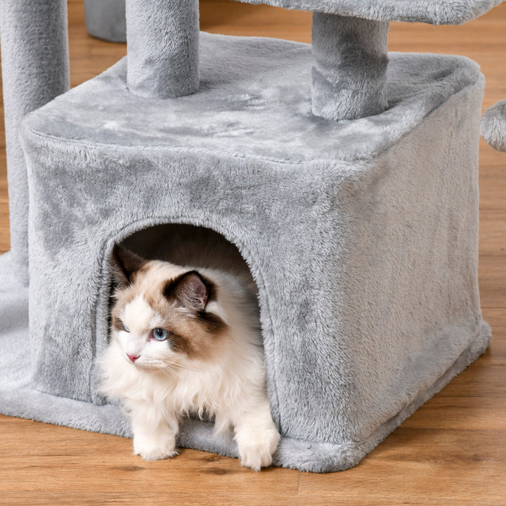 PawHut Feline Fun Tower: 114cm Tall Activity Centre with Scratching Posts, Perch, Dangling Ball & Condo, Light Grey | Aosom UK