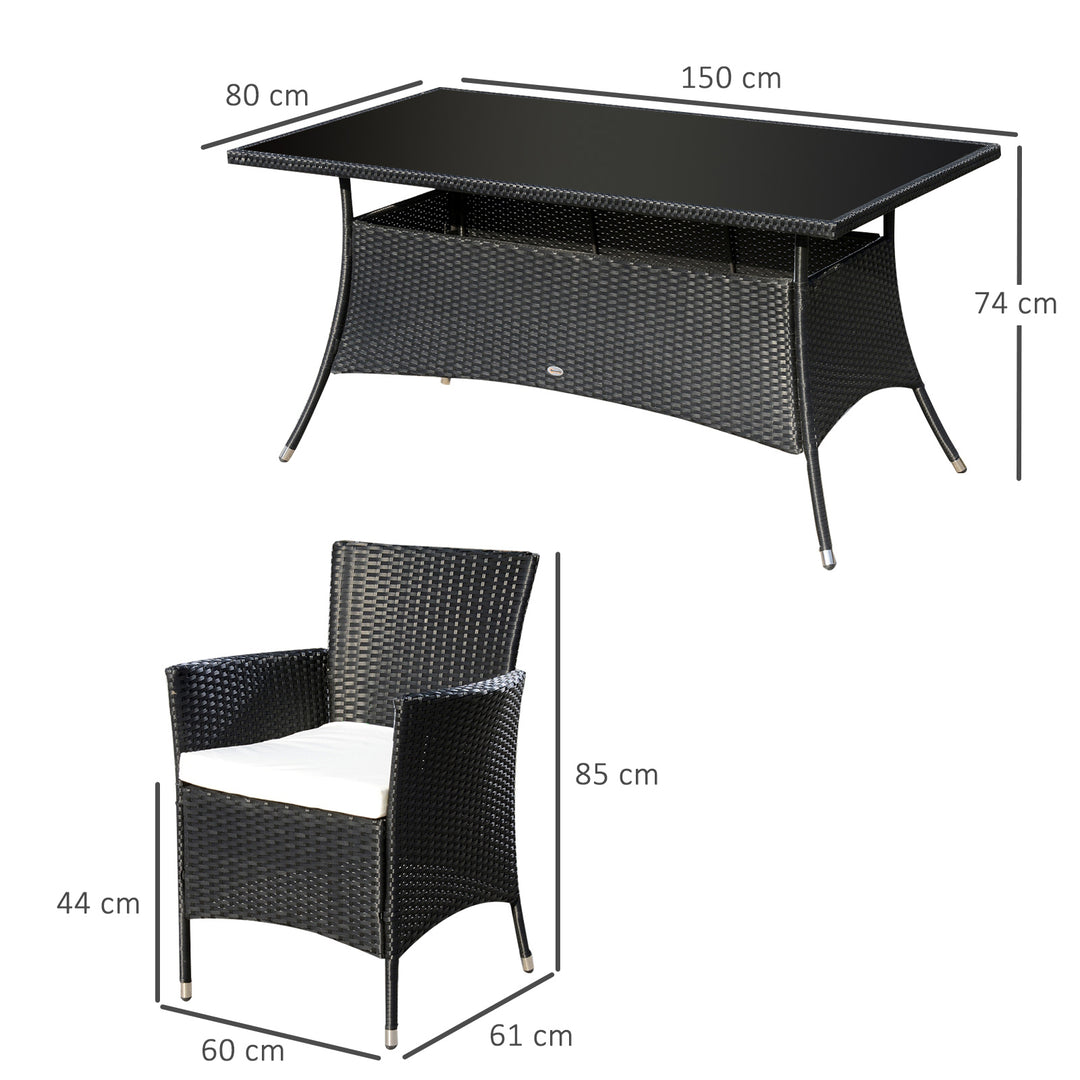 6 Seater Rattan Dining Set with Cushions, Rattan Garden Furniture Set with 6 Armchairs, Rectangular Glass Top Table, Outdoor Dining Table and Chairs, Black