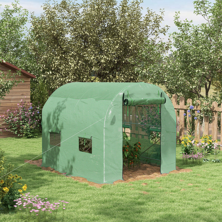 Walk-In Garden Polytunnel Greenhouse with Steel Frame, PE Cover, Roll-Up Door and 4 Windows, 2.5 x 2m, Green
