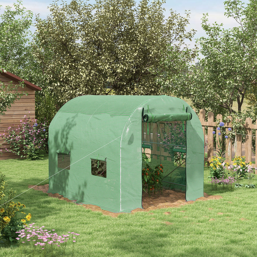 Walk-In Garden Polytunnel Greenhouse with Steel Frame, PE Cover, Roll-Up Door and 4 Windows, 2.5 x 2m, Green