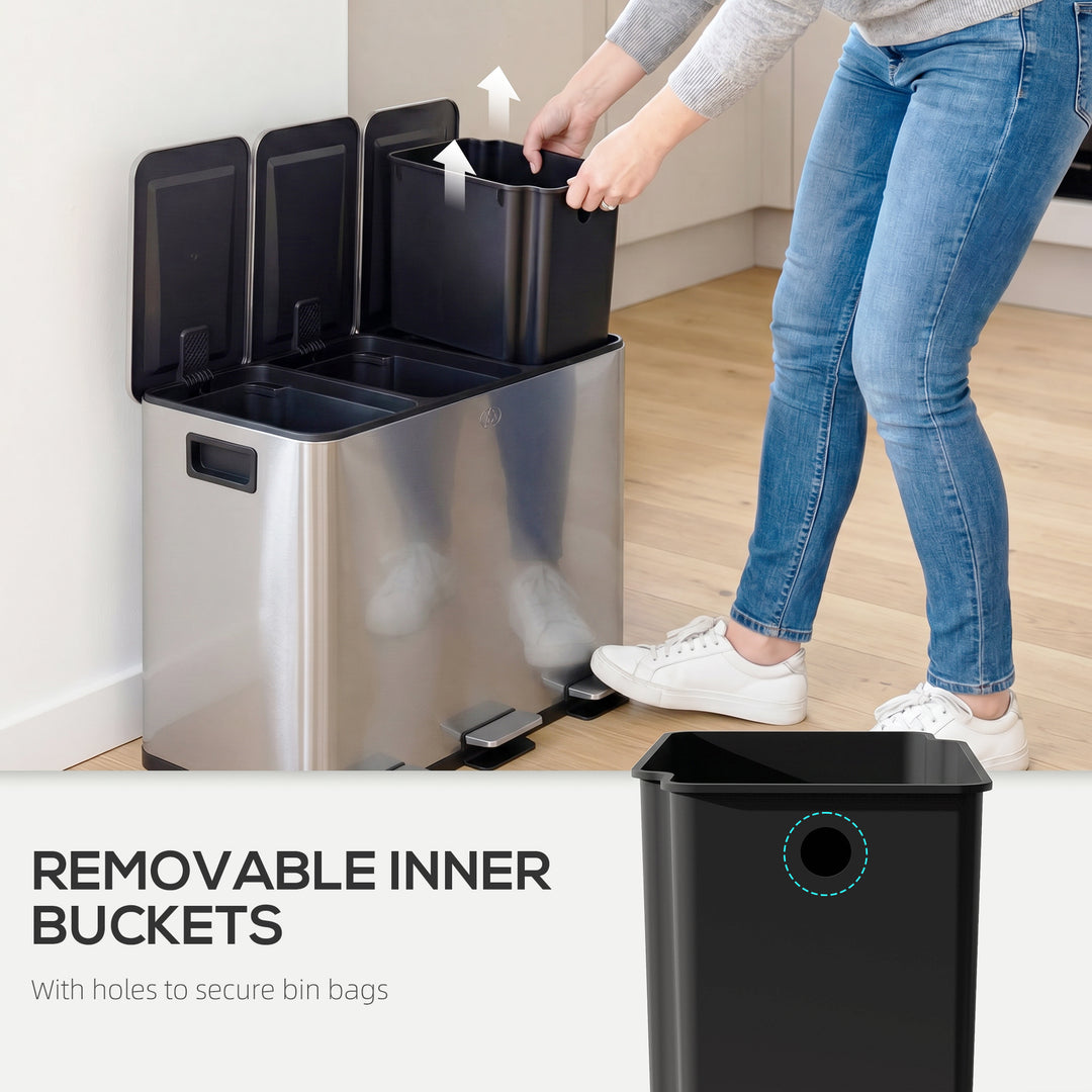 3 x 20L Pedal Bin, Steel Triple Kitchen Bin with Soft Close Lid, Remov