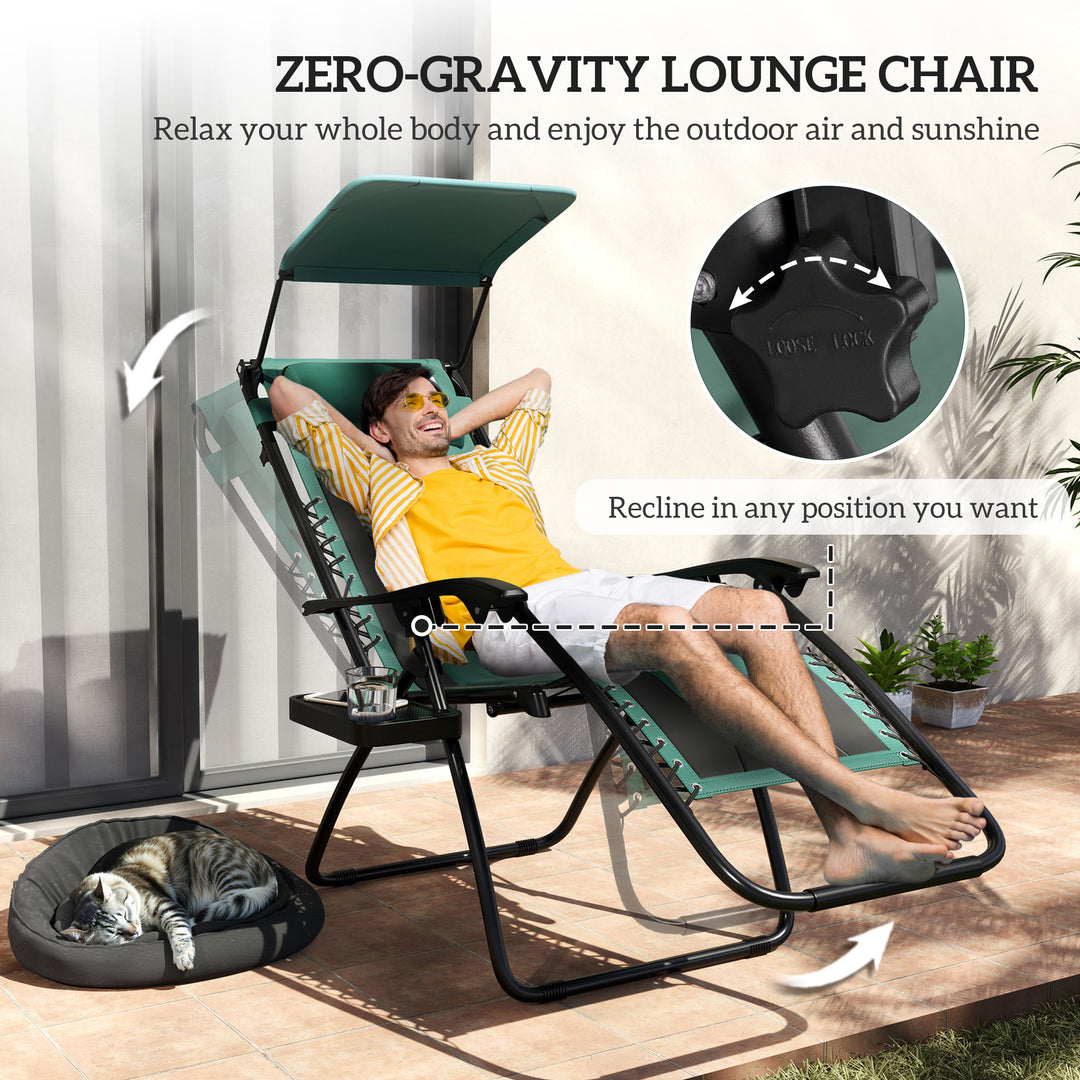 Zero Gravity Lounger Chair Set of 2, Folding Reclining Patio Chair with Shade Cover, Padded Seat, Cup Holder, Soft Cushion and Headrest for Poolside, Camping, Green