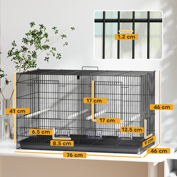 Bird Cage with Divider, 4 Wooden Perches, Slide Out Tray, 4 Feeders, for Budgie, Lovebird, Canary, 76 x 46 x 46cm, Black