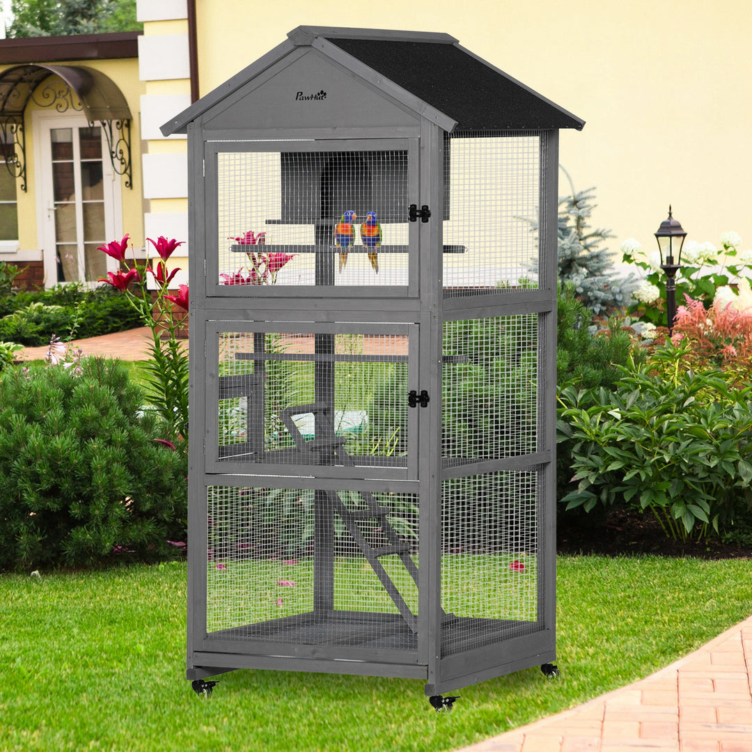 MCL Bird Cage budgie cage Wooden Outdoor Aviary with Wheels  for Canary Finch with Asphalt Roof Perch Nest Ladder Slide-out Tray, Grey