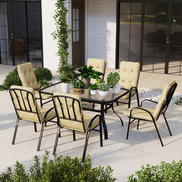 Outsunny 7 Piece Garden Dining Set, Outdoor Dining Table and 6 Cushioned Armchairs, Tempered Glass Top Table w/ Umbrella Hole, Texteline Seats, Beige