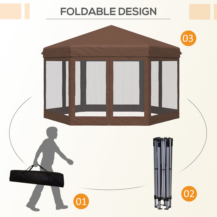 3.5m x 4m Hexagonal Pop Up Gazebo, Canopy Tent Sun Shelter for Patio Outdoor Party, Height Adjustable, with Mosquito Netting and Carry Bag - Brown