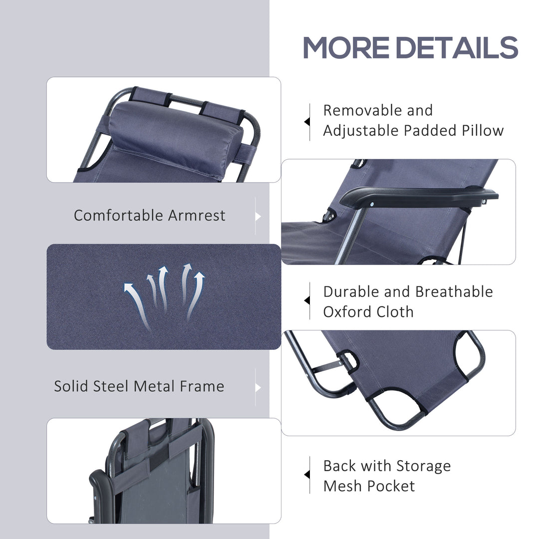 MCL 2 in 1 Folding Sun Lounger Reclining Garden Chair with 2-Level Adjustable Backrest, Outdoor Zero Gravity Recliner Garden Chair with Head Pillow and Armrests, Grey