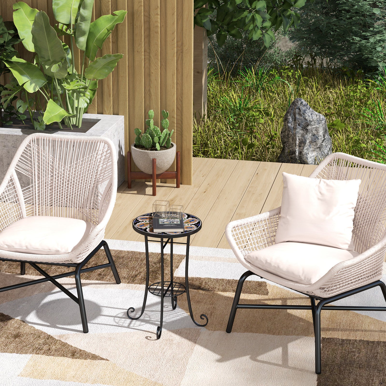 Mosaic Garden Table, 35.5 cm Round Outdoor Table with Shelf, Ceramic Tile Top, Small Garden Side Table Bistro Table End Table Plant Stand for Indoor, Patio, Balcony, Orange