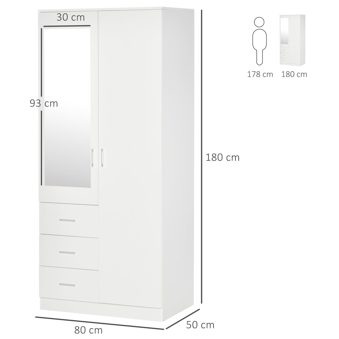 2 Door 3 Drawer Mirrored Wardrobe with Hanging Rail, Modern Clothes Storage Cupboard with Mirror, Drawers and Adjustable Shelves for Bedroom, 80 x 50 x 180 cm, White