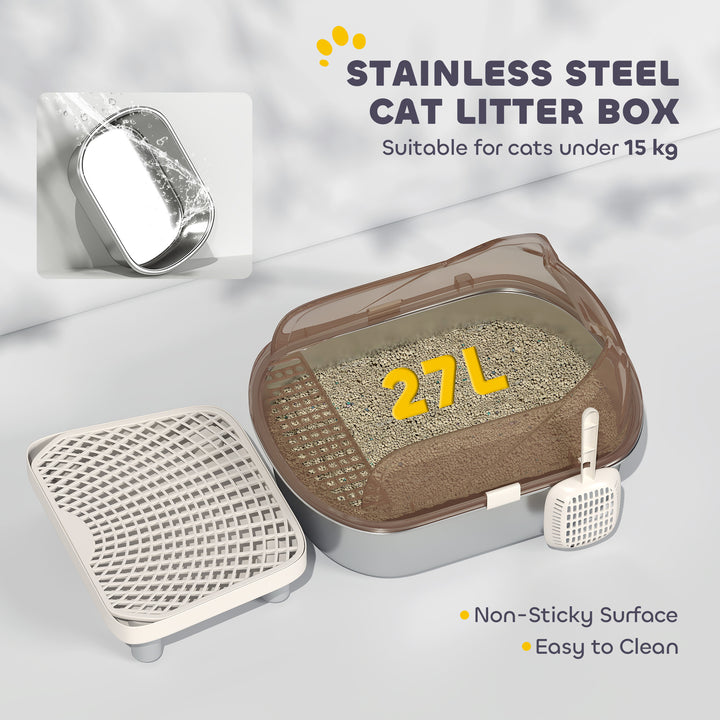 Stainless Steel Litter Box with Lid, High Wall Sided Enclosure, Pedal, Scoop, Non-Sticky, Anti-Leakage, Easy Cleaning