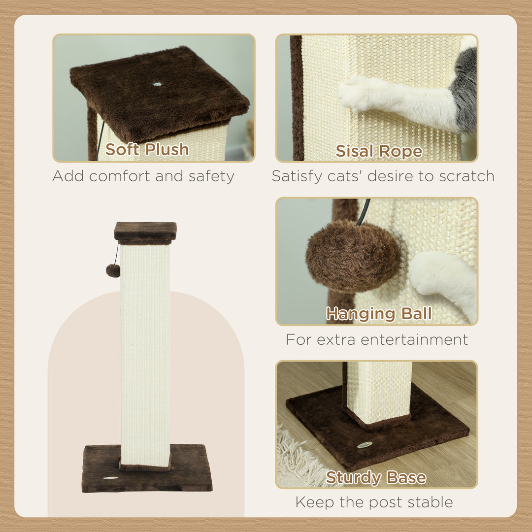 81cm Cat Scratcher, Vertical Full Scratcher w/ Natural Sisal Rope, Hanging Ball, Soft Plush - Brown