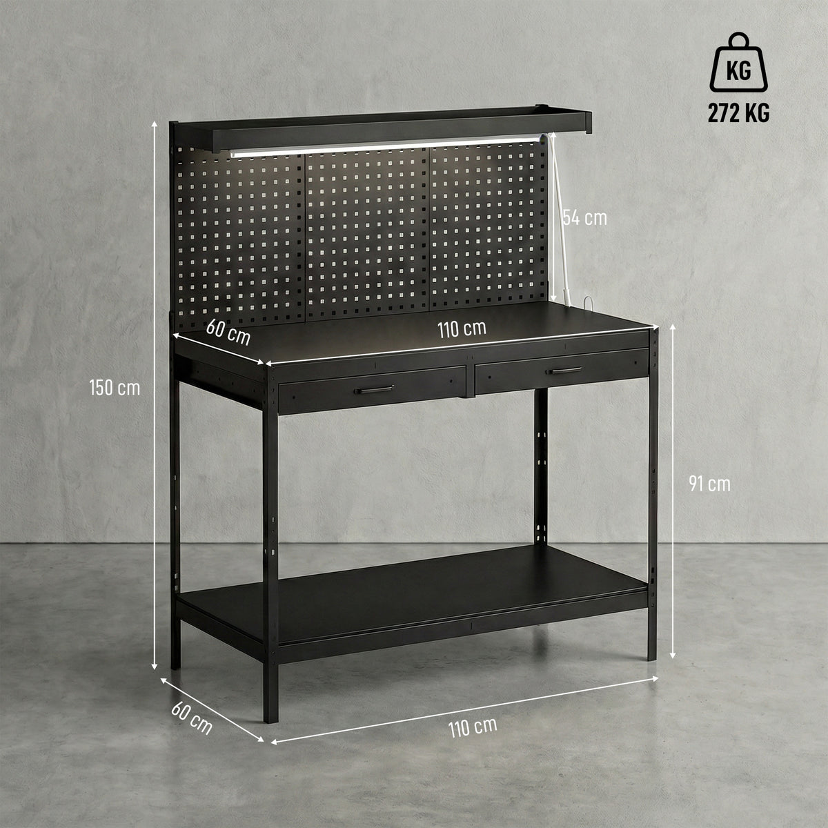 110 cm Workbench with Pegboard, Heavy Duty Work Table with Power Strip