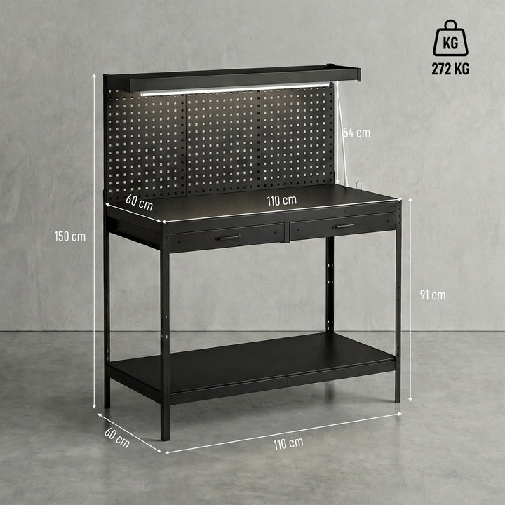 110 cm Workbench with Pegboard, Heavy Duty Work Table with Power Strip