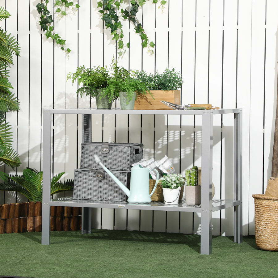 2-Tier Plant Stand, Corner Plant Shelf for Outdoor and Indoor Storage Organizer, Freestanding Flower Rack with Steel Frame, Mesh Board, Silver