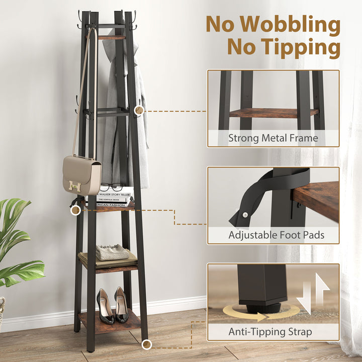 Industrial Coat Stand with 8 Hooks and 4 Shelves - Rustic Brown