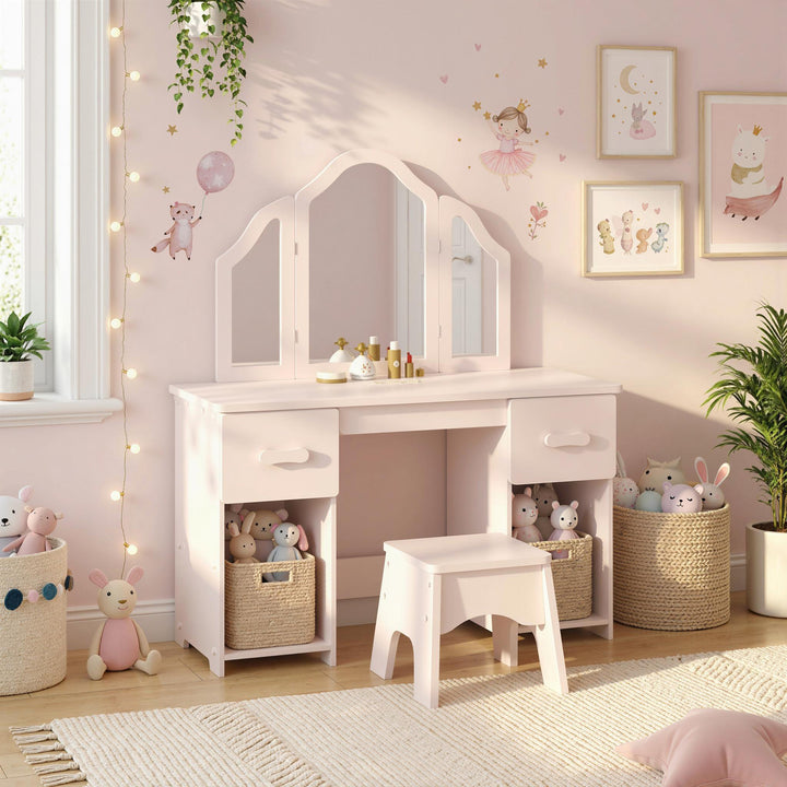 Kids Dressing Table, Kids Vanity Table and Chair Set with Tri-Folding 
