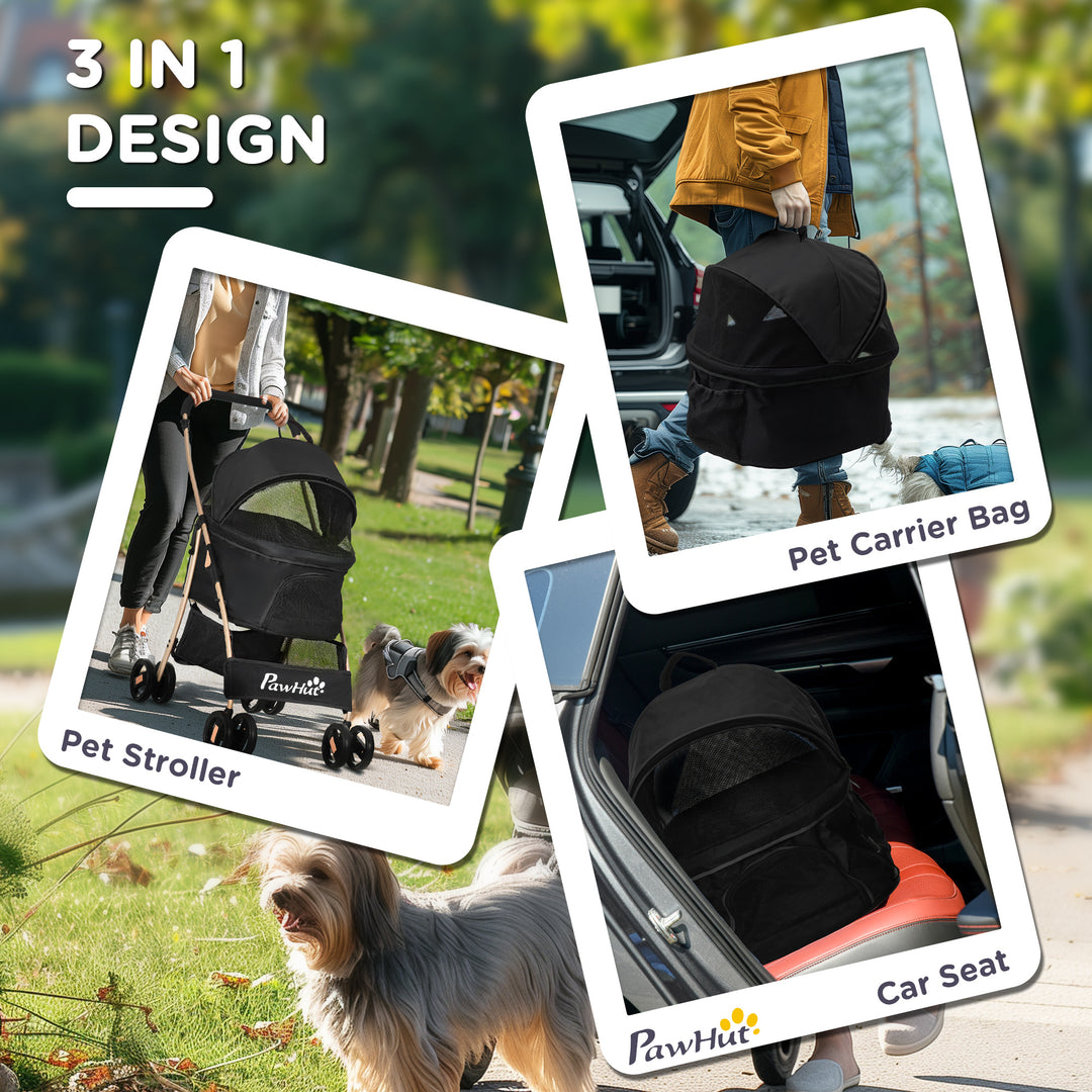 PawHut Detachable Pet Stroller, 3-In-1 Dog Cat Travel Carriage, Foldable with Universal Wheel Brake, Canopy Basket Storage Bag, Black | Aosom UK