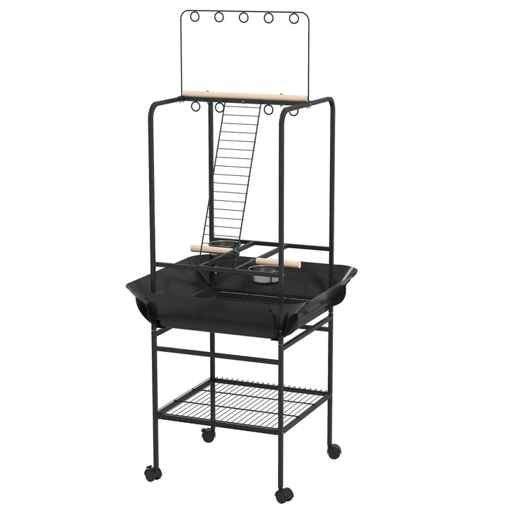 PawHut Bird Feeding Station: Steel Table with Perches, Stainless Bowls & Outdoor Tray, Dark Grey | Aosom UK