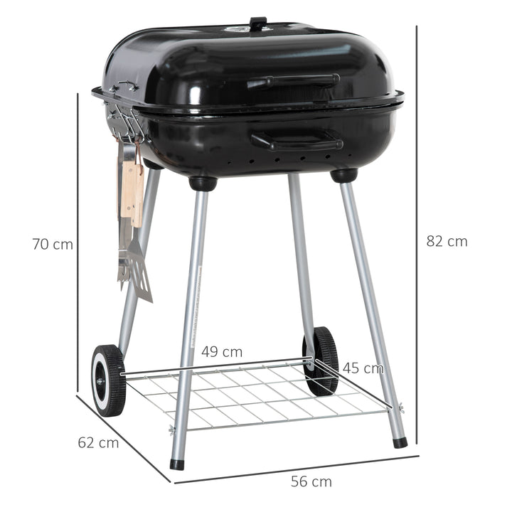 Portable BBQ Charcoal Grill with 2 Wheels and Cooking Utensils, Smoker Grill with Lid for Outdoor Barbecues, Camping, Picnic, Courtyard