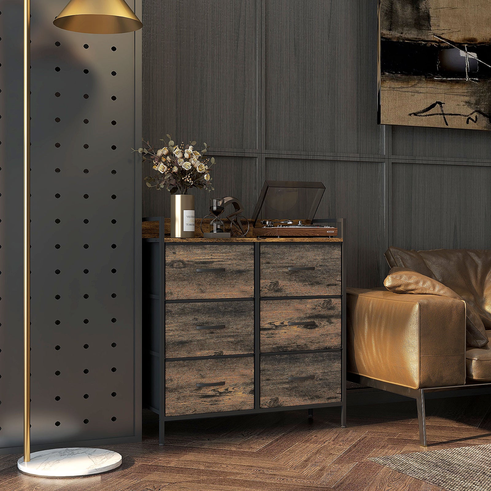 Rustic Chest of Six Fabric Drawers - Rustic Brown