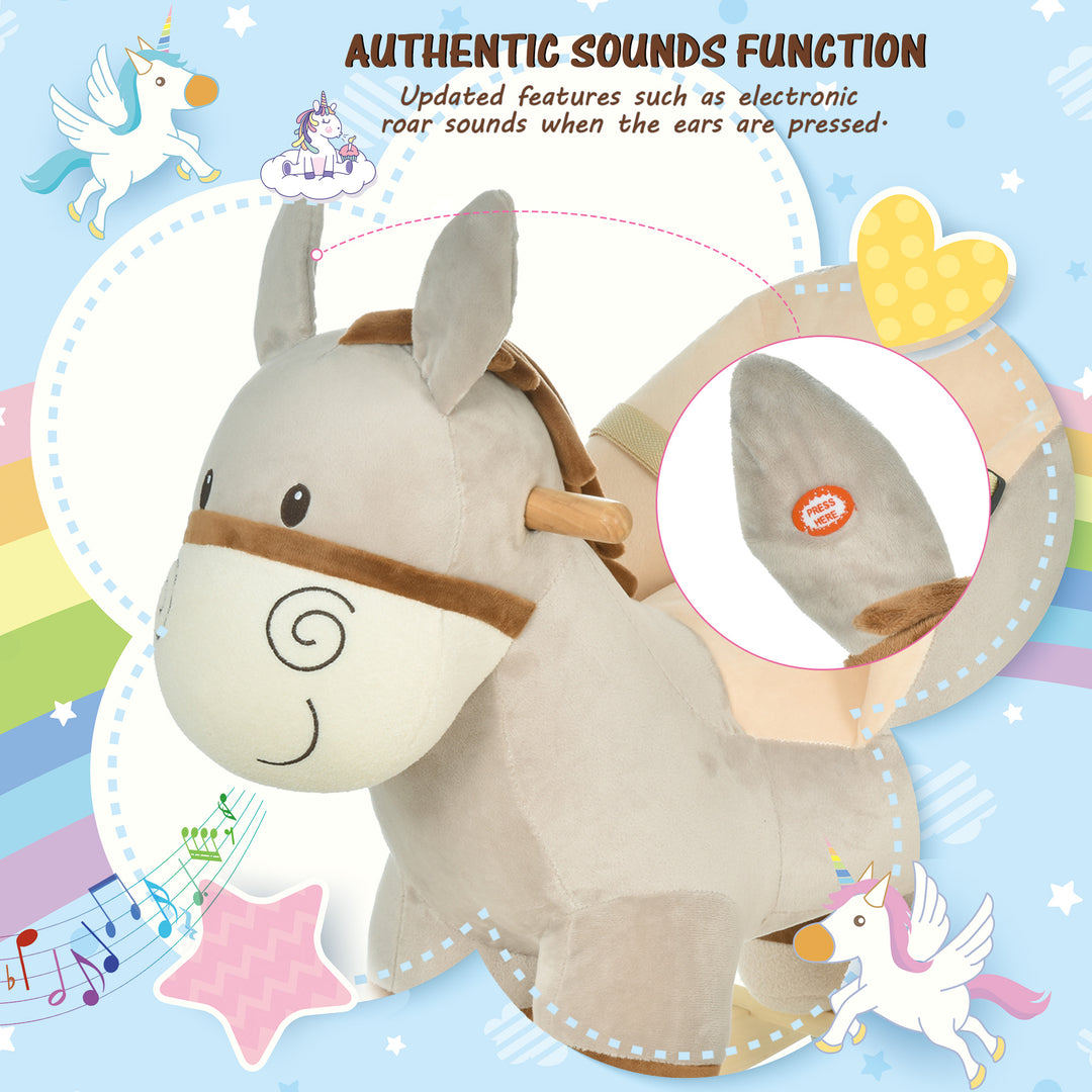 Kids Children Rocking Horse Plush Ride On Donkey Seat w/ Sound Wood Base Seat Safety Belt Toddler Baby Toy Rocker Grey 18 - 36 Months