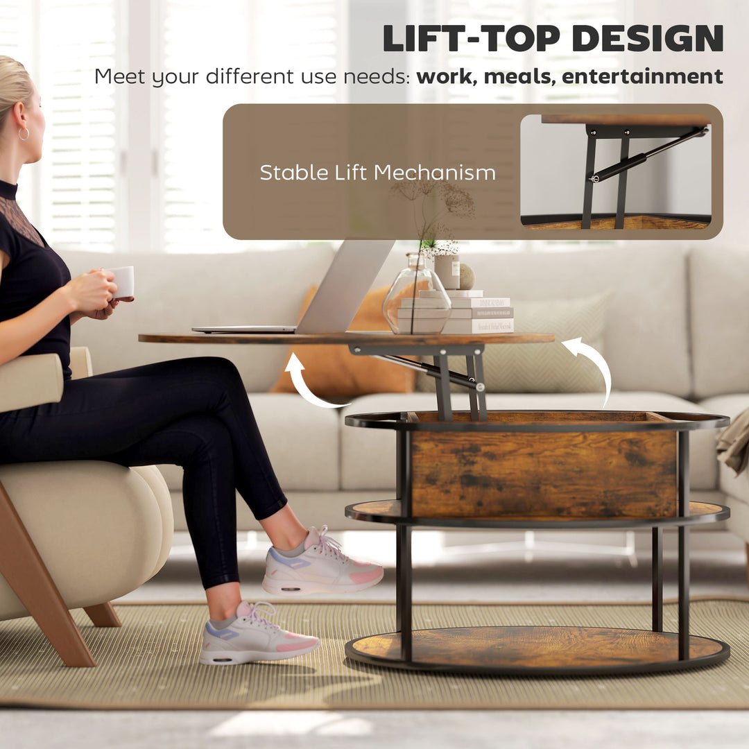 Lift Top Coffee Table, Round Coffee Table with Storage Shelf, Hidden Compartment and Steel Frame for Living Room, Home Office, Brown