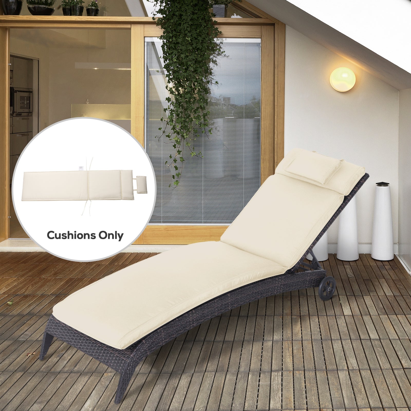 Garden Sun Lounger Cushion Replacement Thick Sunbed Reclining Chair Relaxer Pad with Pillow - Cream White