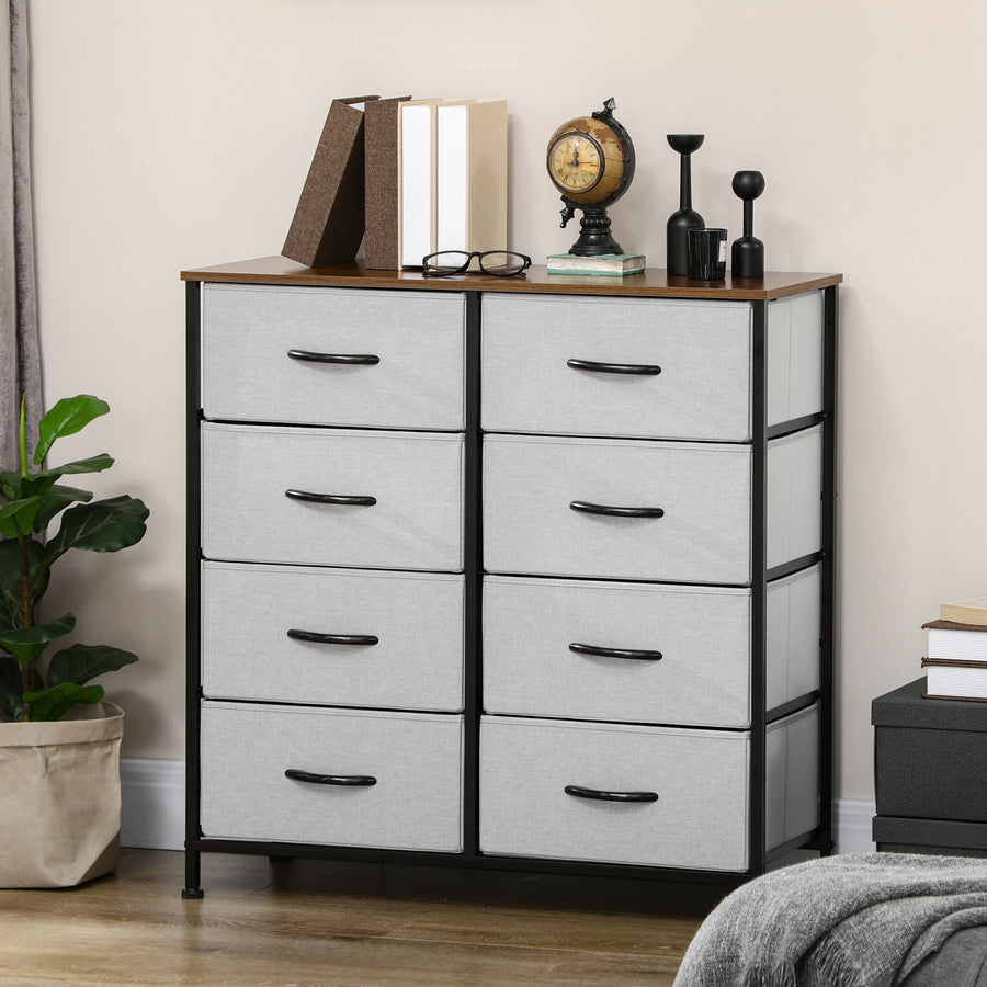 Fabric Chest of Drawers, Industrial Bedroom Dresser with 8 Fabric Drawers, Steel Frame and Wooden Top for Nursery, Living Room, Hallway, Grey