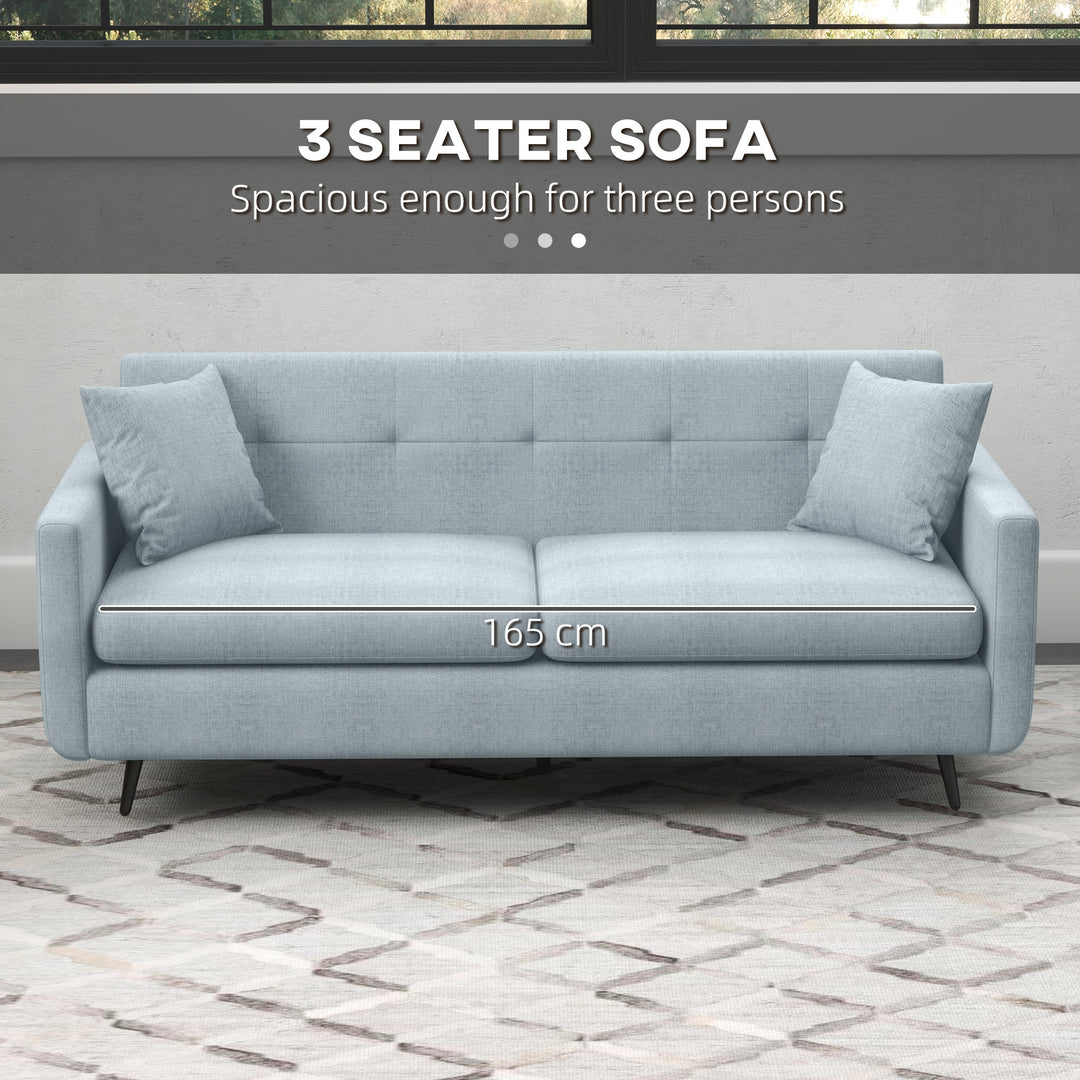 165cm 3 Seater Sofa for Living Room, Modern Fabric Couch, Tufted Small Couch Sofa Settee with Steel Legs and 2 Storage Pockets for Bedroom and Home Office, Blue
