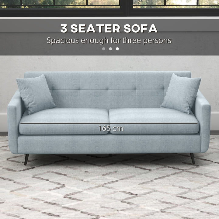165cm 3 Seater Sofa for Living Room, Modern Fabric Couch, Tufted Small Couch Sofa Settee with Steel Legs and 2 Storage Pockets for Bedroom and Home Office, Blue