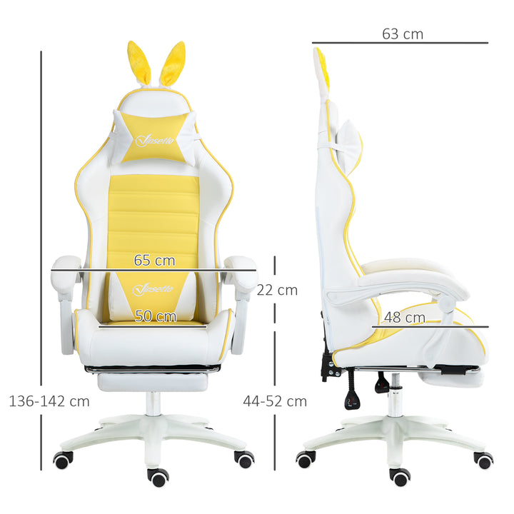 Reclining Racing Gaming Chair with Headrest and Lumber Support, PU Leather Computer Chair with Removable Rabbit Ears, Footrest, Yellow