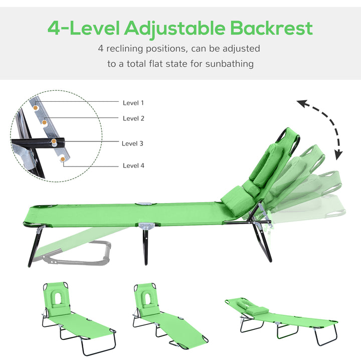 Outdoor Folding Sun Lounger with Face Hole, 4 Level Adjustable Backrest Reclining Garden Lounger, Garden Recliner Sunbed with 600 D Oxford Cloth Seat and Pillow for Beach, Green