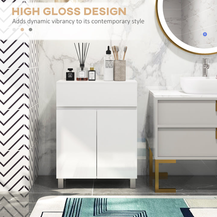 Kleankin Freestanding Bathroom Cabinet: High Gloss Storage with Drawer, Adjustable Shelf, White