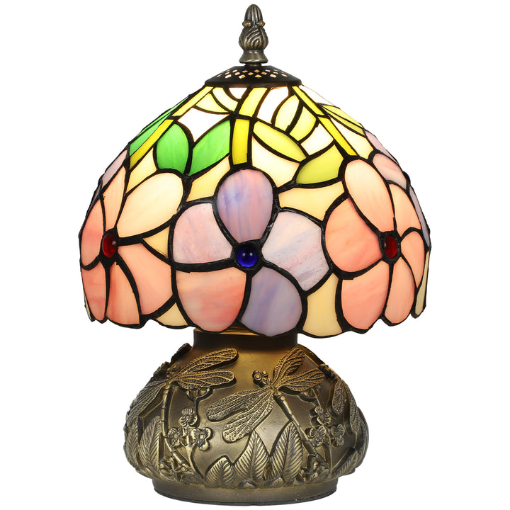MCL Tiffany-Style Table Lamp with Sculpted Dragonfly Base, Handcrafted Antique Stained Glass Bedside Lamp for Living Room and Bedroom, E27 Socket, Pink