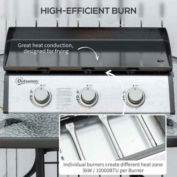 Outsunny Gas Plancha Grill with 3 Stainless Steel Burner, 9kW, Portable Tabletop Gas BBQ w/Non