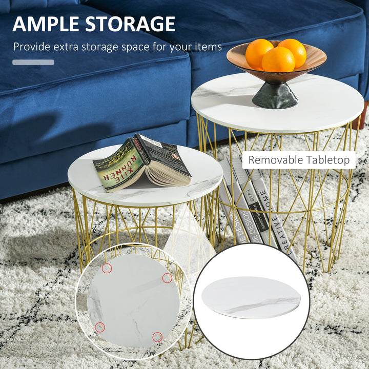 HOMCOM Set of 2 Nesting Side Tables with Storage, Round End Tables Coffee Tables with Steel Frame and Removable Round Top, White | Aosom UK