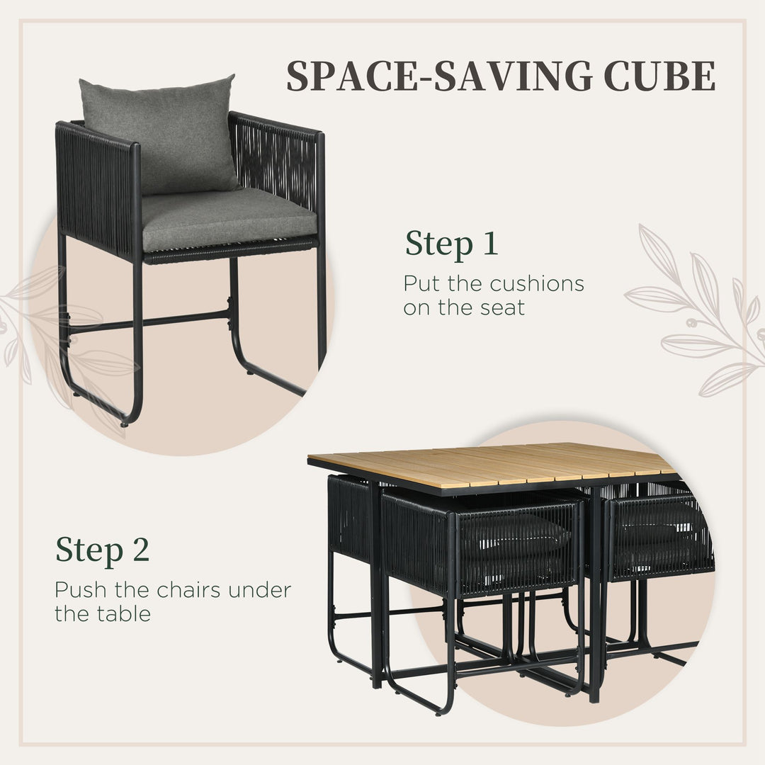 4 Seater Rattan Cube Garden Furniture Set, Rattan Dining Set with Cushions, Outdoor Dining Table and Chairs with Rectangular Wood Grain Plastic Top Table for Patio, Balcony, Black
