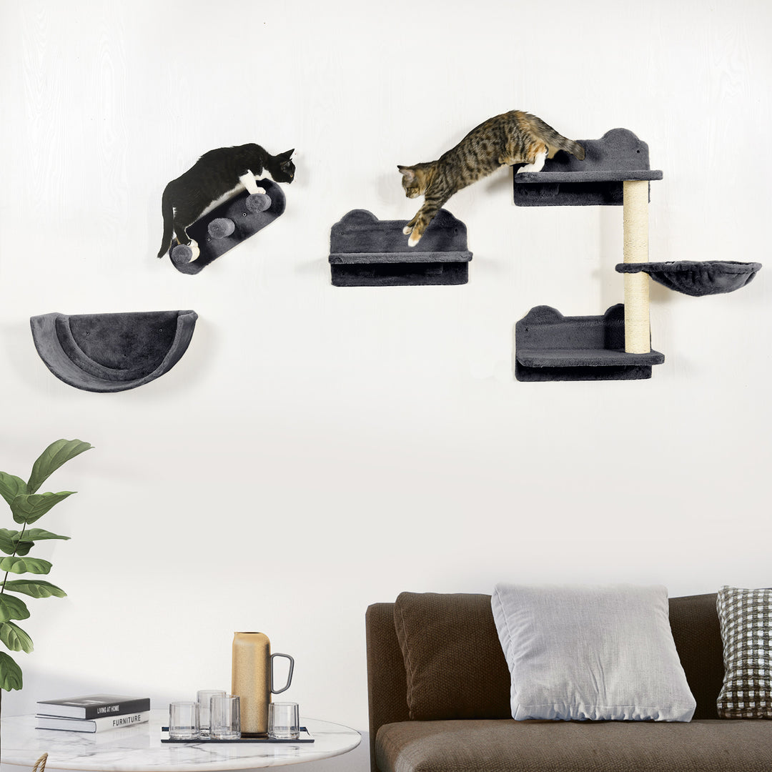 PawHut 4PCs Wall-Mounted Cat Shelves w/ Scratching Post, Hammock, Nest - Dark Grey | Aosom UK