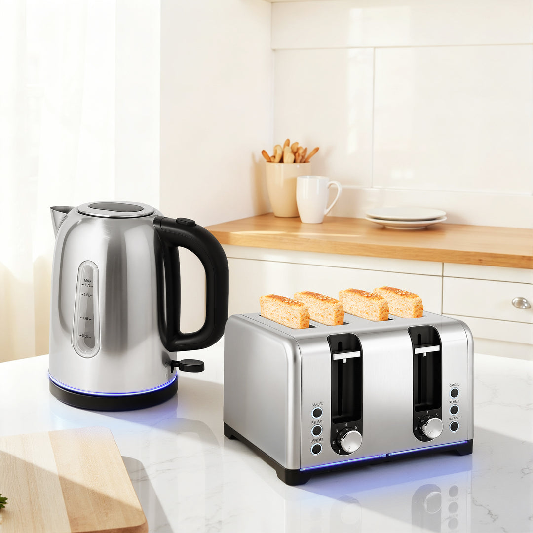 MCL Kettle and Toaster Set, 1.7L 3000W Rapid Boil Jug Kettle with Strix Thermostat, Limescale Filter, 4 Slice Toaster with 7 Browning Controls, Crumb Tray, Silver Tone