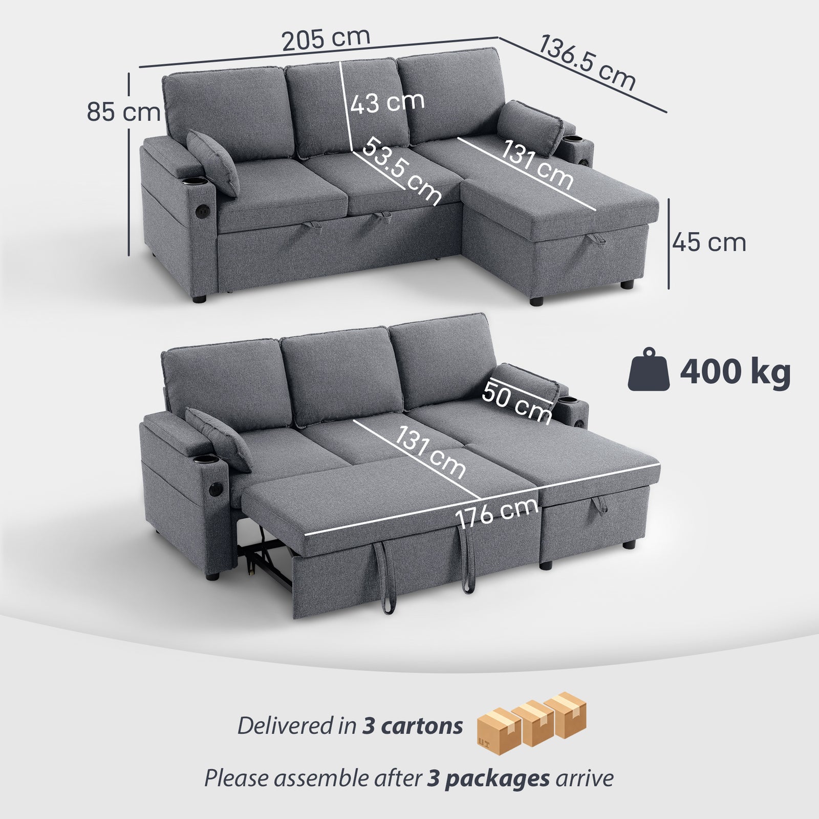 Corner Sofa Bed, L Shaped Sleeper Sectional Sofa with Reversible Stora