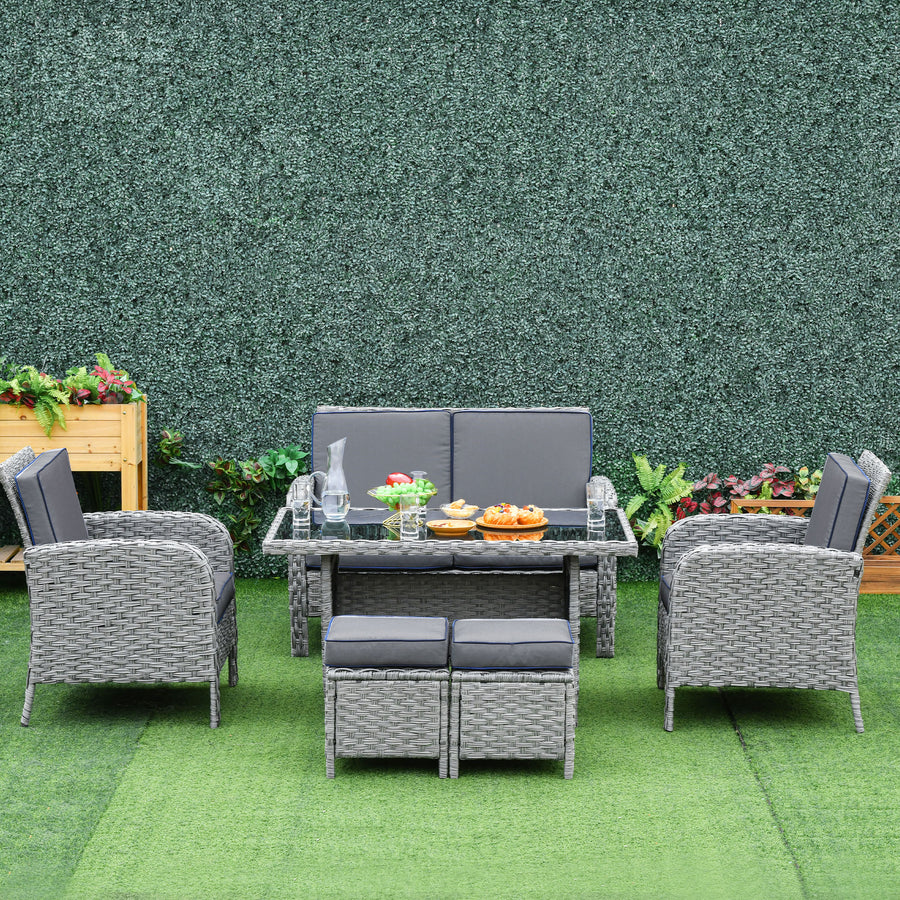 6 Pieces Rattan Garden Furniture Set, 6 Seater Garden Sofa Set with Glass Top Dining Table, Loveseat, 2 Armchairs and Ottomans, Wicker Outdoor Conservatory Furniture for Patio, Grey