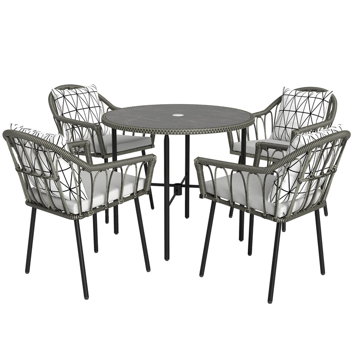 5 Piece Patio Rattan Dining Set, Wicker Garden Table and Chairs w/ Removable Seat & Back Cushions, Round Tempered Glass Tabletop, Parasol Hole, Outdoor Furniture Conservatory Set, Grey