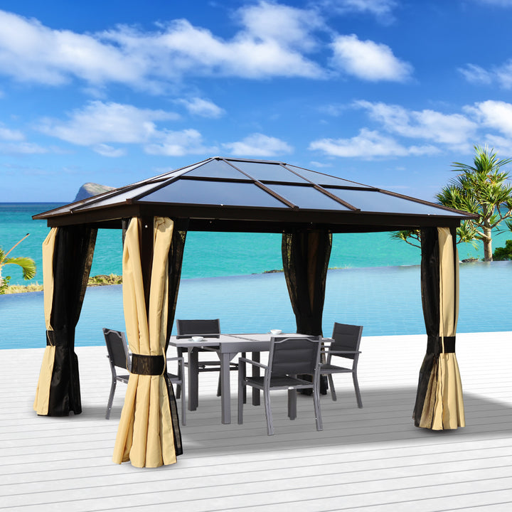 Outsunny 3.6 x 3(m) Polycarbonate Hardtop Gazebo with LED Solar Light and Aluminium Frame, Garden Pavilion with Mosquito Netting and Curtains