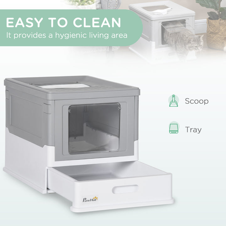 Hooded Cat Litter Box, Portable Pet Toilet, with Scoop, Front Entry - Grey