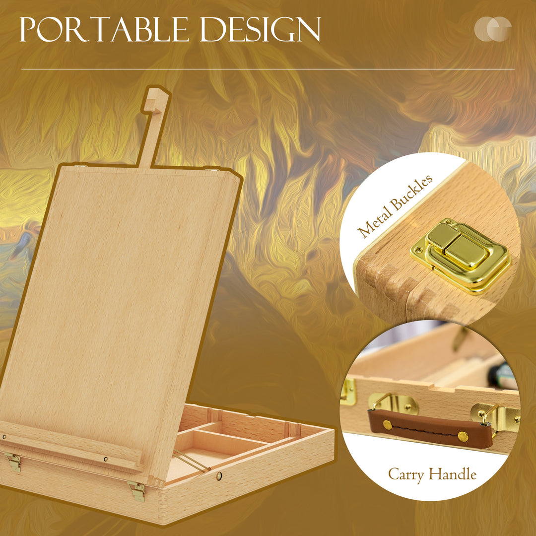 Wooden Table Easel Box Hold Canvas up to 61cm, Adjustable Beechwood Storage Table Box Easel, Portable Folding Artist Drawing & Sketching Board for Adults, Beginners, Artists Painting